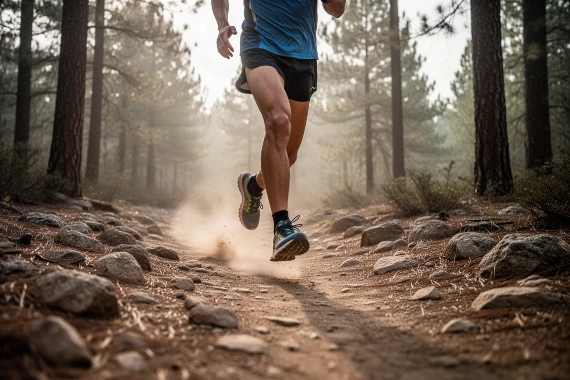Trail runner moving along a rocky dirt path surrounded by pine forest