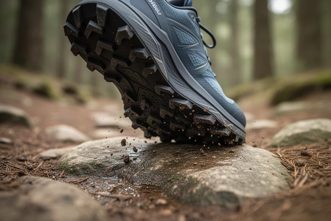 Close-up of a trail shoe outsole lugs gripping a rocky trail surface