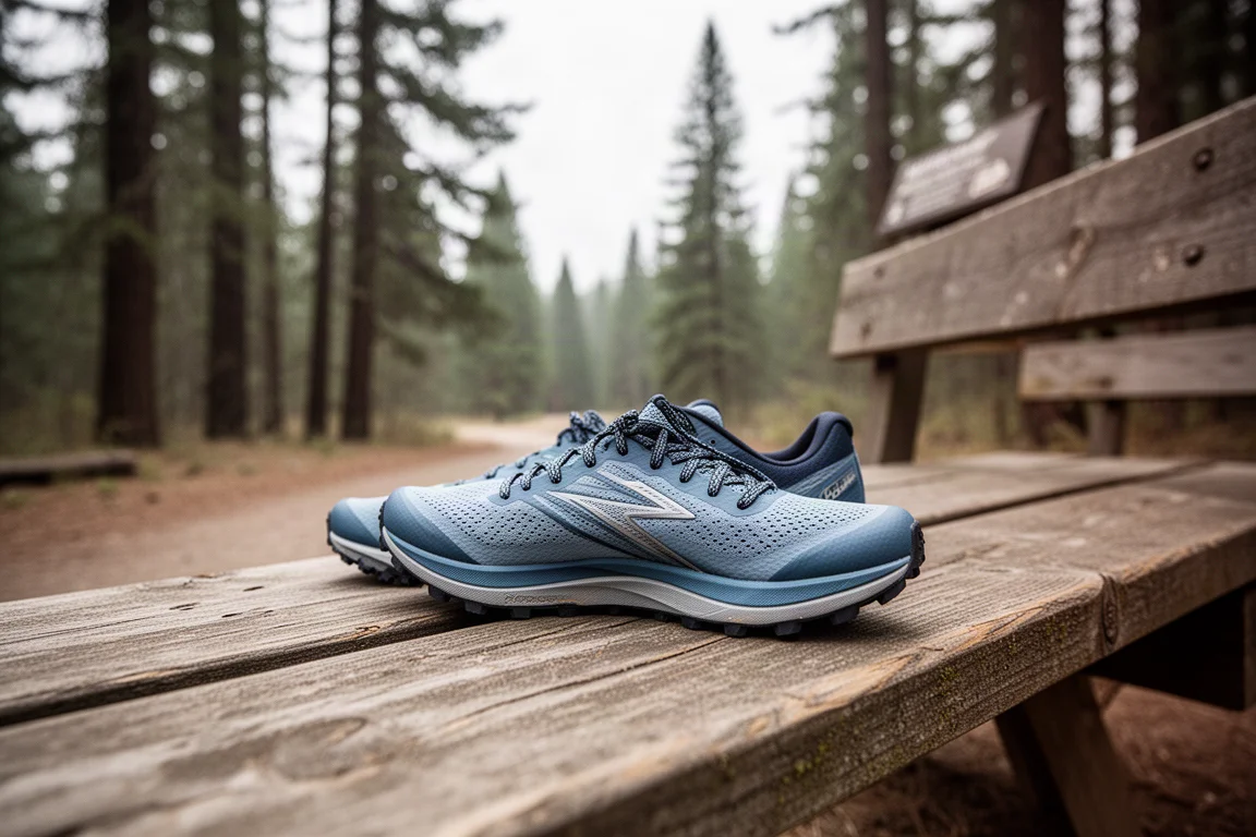 Narrow trail shoe viewed from above on a wooden bench beside a trail