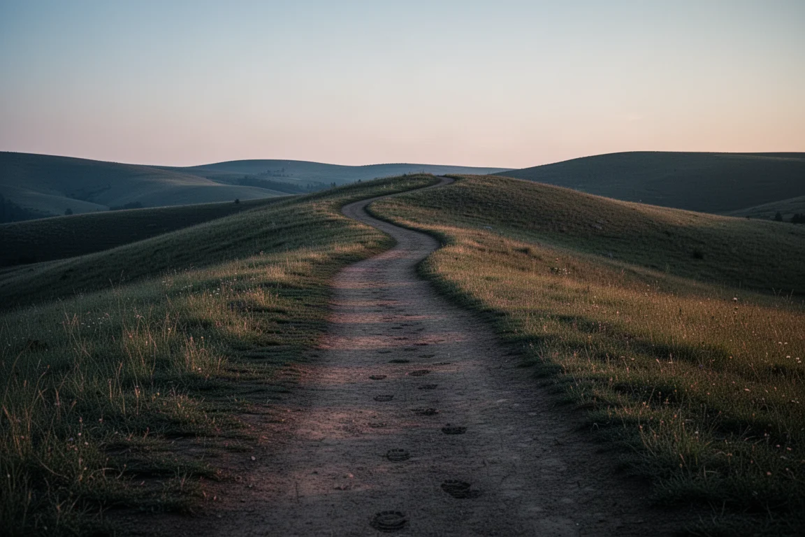 Single winding trail disappearing into rolling hills at dusk
