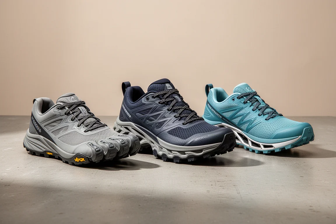 Tre scarpe da trail running stabili affiancate su cemento