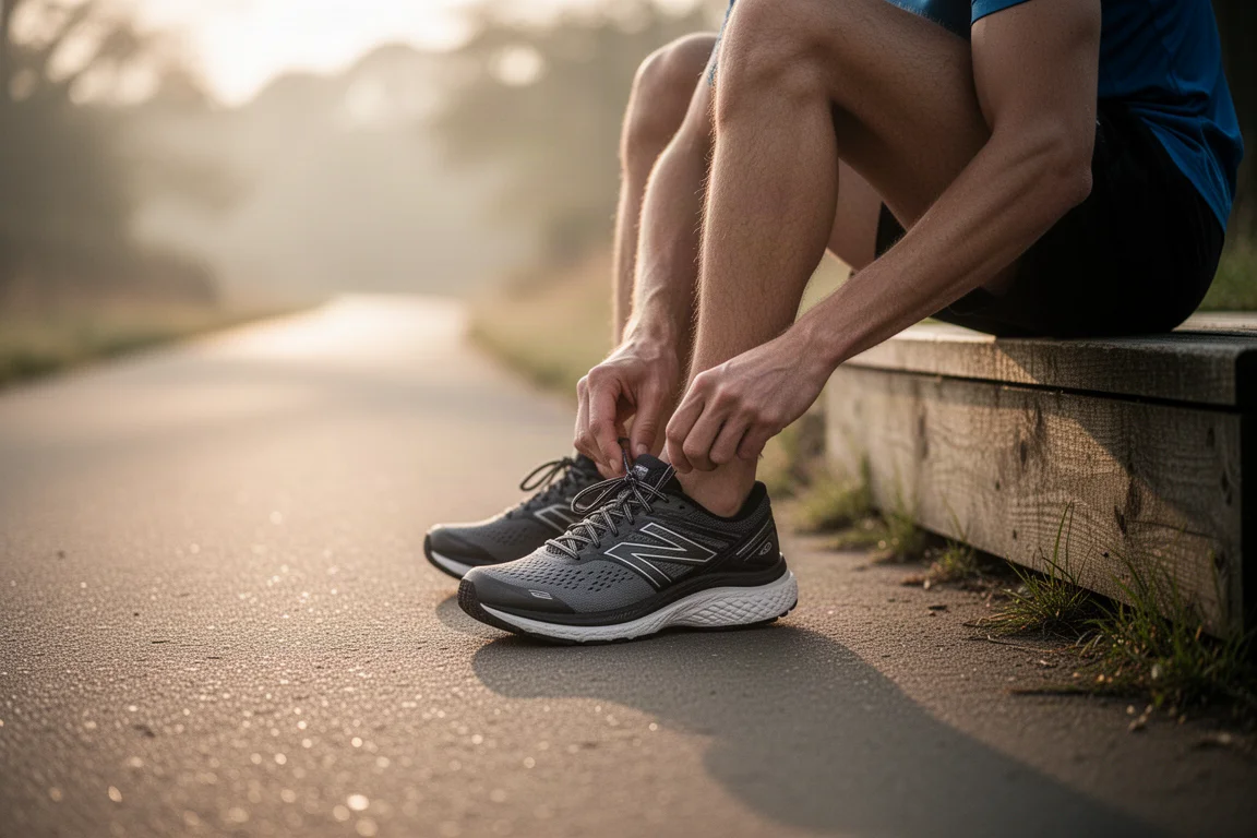 Runner lacing up a cushioned running shoe on a quiet suburban path at sunrise