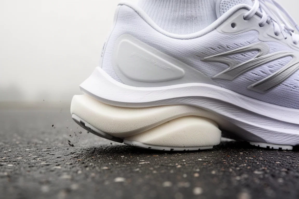 Close-up of a thick cushioned running shoe midsole compressing on pavement