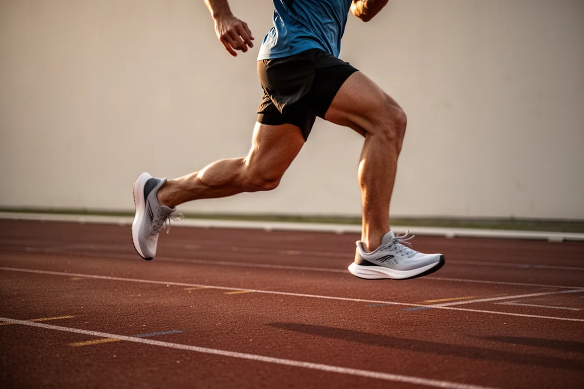 Runner picking up pace on a track in lightweight tempo shoes