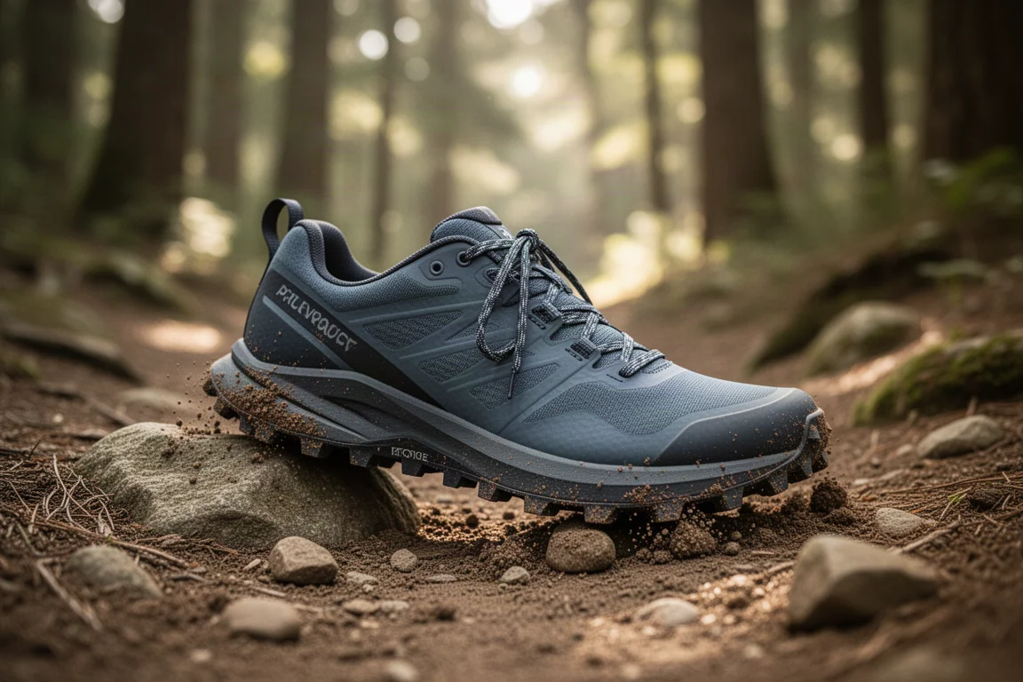Trail running shoes gripping a rocky dirt path in a forest