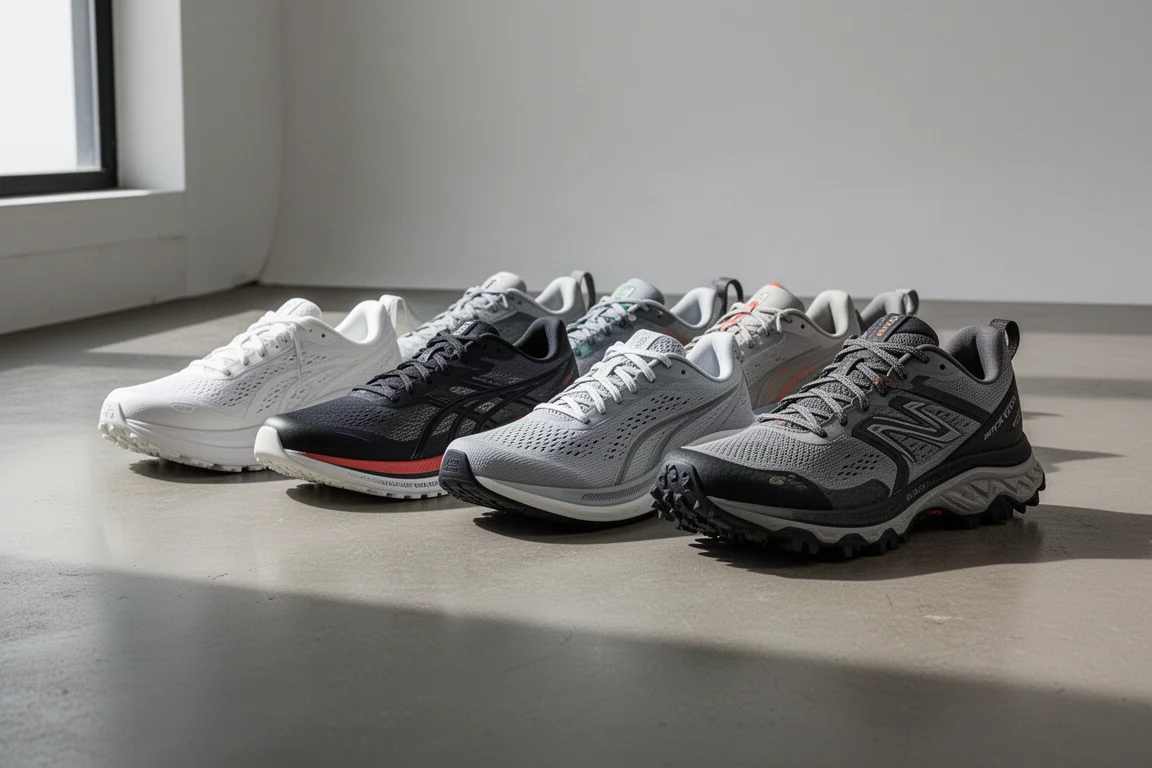 Seven running shoes of different styles lined up on a concrete studio floor