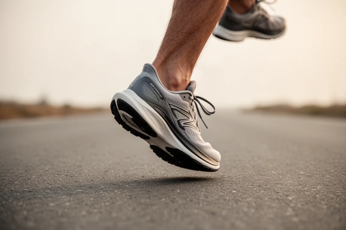 Coureur posant le pied en pleine foulée sur une route pavée avec des chaussures de running très amorties