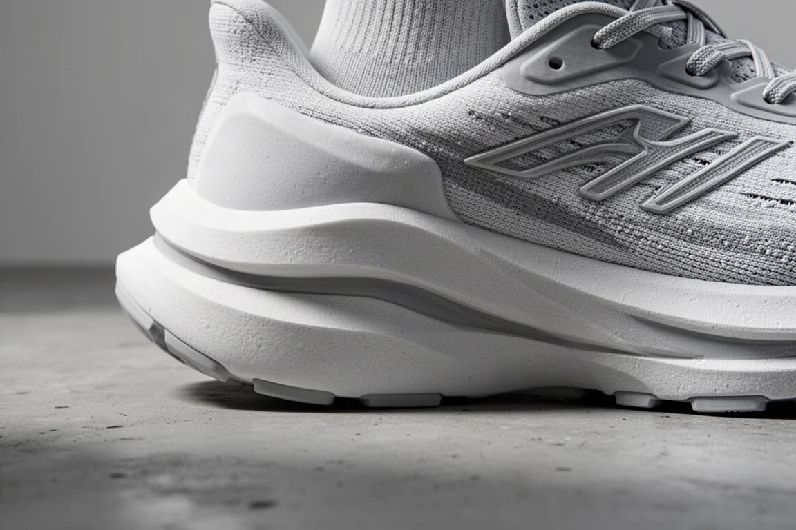 Gros plan sur la semelle intermédiaire d'une chaussure de running montrant la géométrie des flancs surélevés