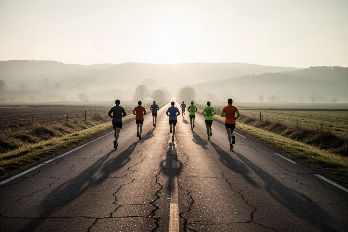 Groupe de coureurs s'espacerant le long d'une longue route rurale au lever du soleil