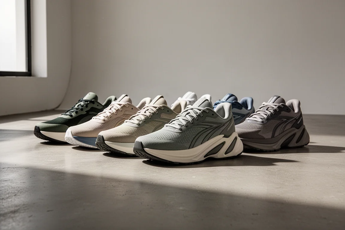Lineup of seven modern running shoes with tall midsoles on a concrete studio floor