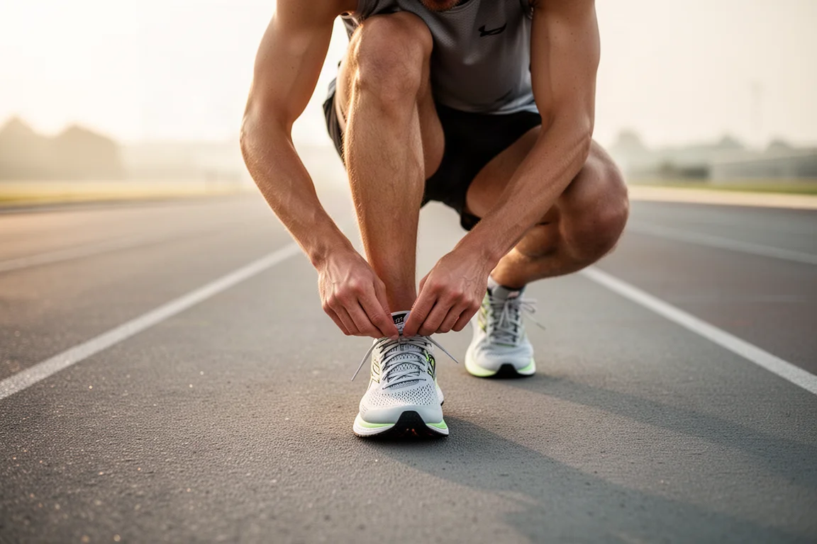 Runner lacing up a tall-stacked racing shoe on a track before a workout