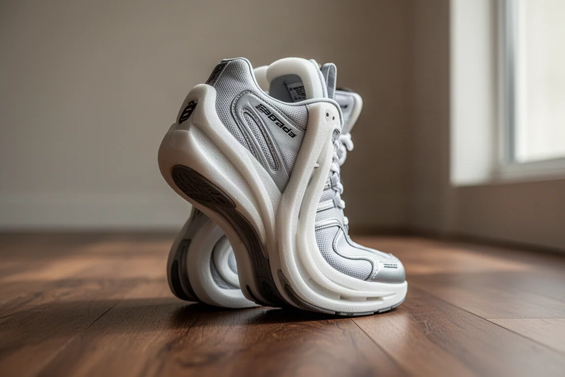 Close-up of a plated racing shoe midsole with raised sidewalls on a wooden floor