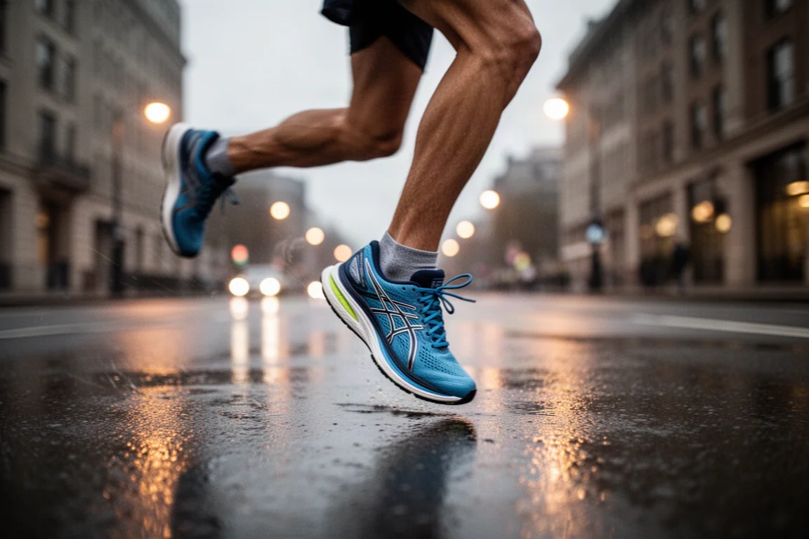 Runner finishing a tempo run at dusk on wet pavement