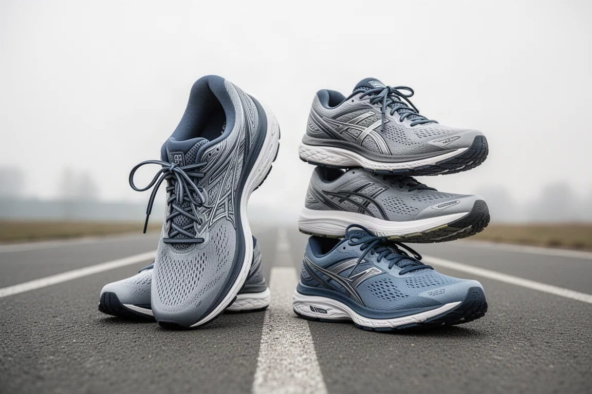 Two racing shoes side by side on a track for comparison