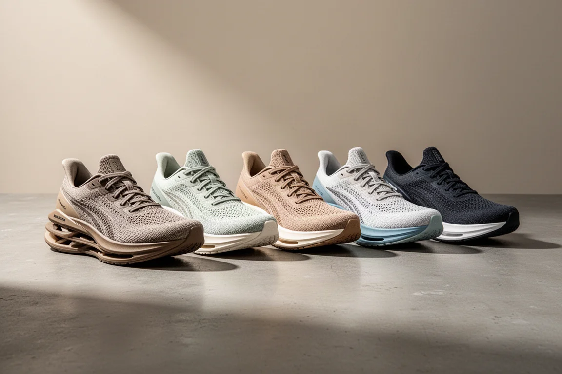 Five tall-stacked racing running shoes arranged in a row on concrete