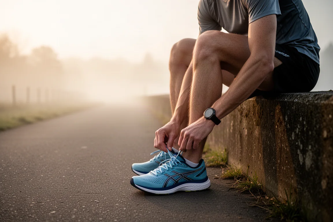 Primer plano del talón de una zapatilla de running con una estructura lateral de soporte
