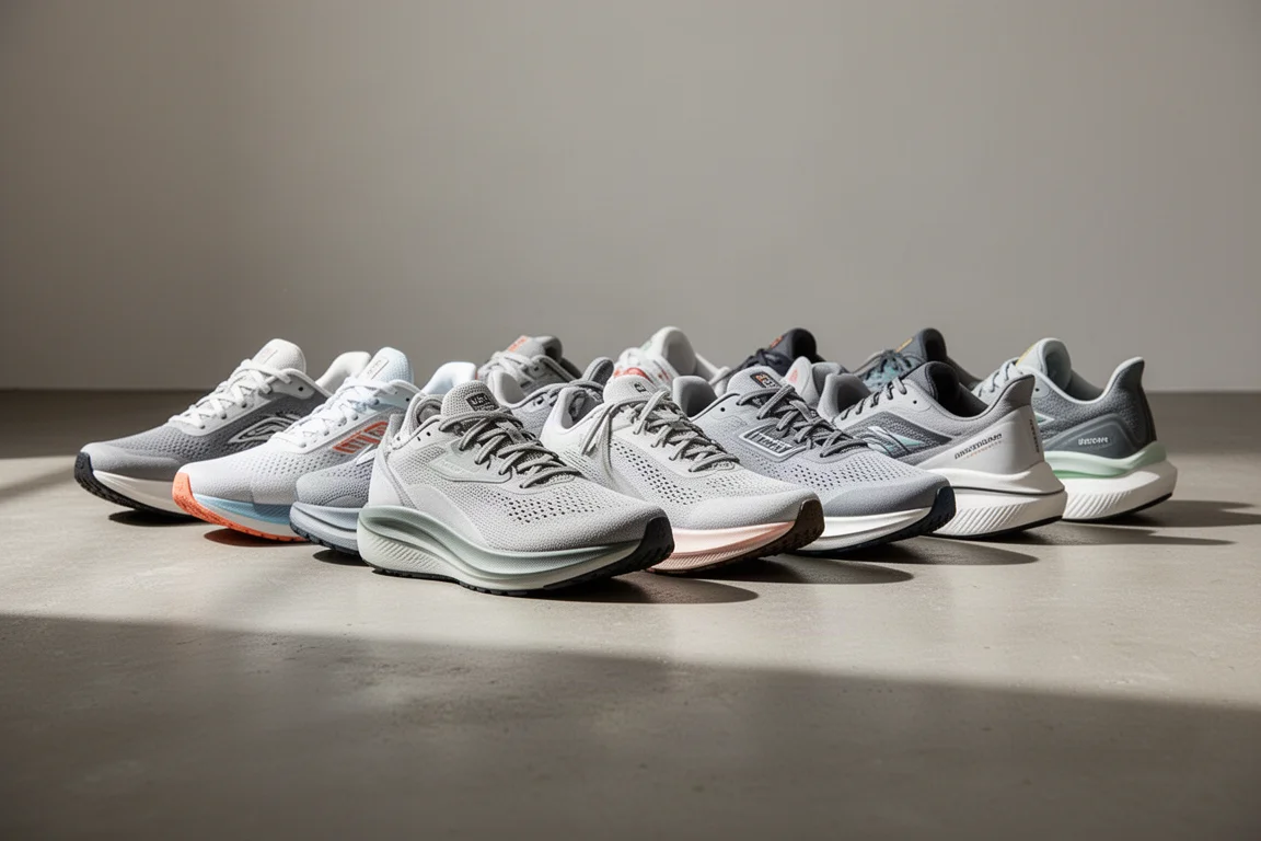 Three stable neutral running shoes arranged on a matte concrete surface