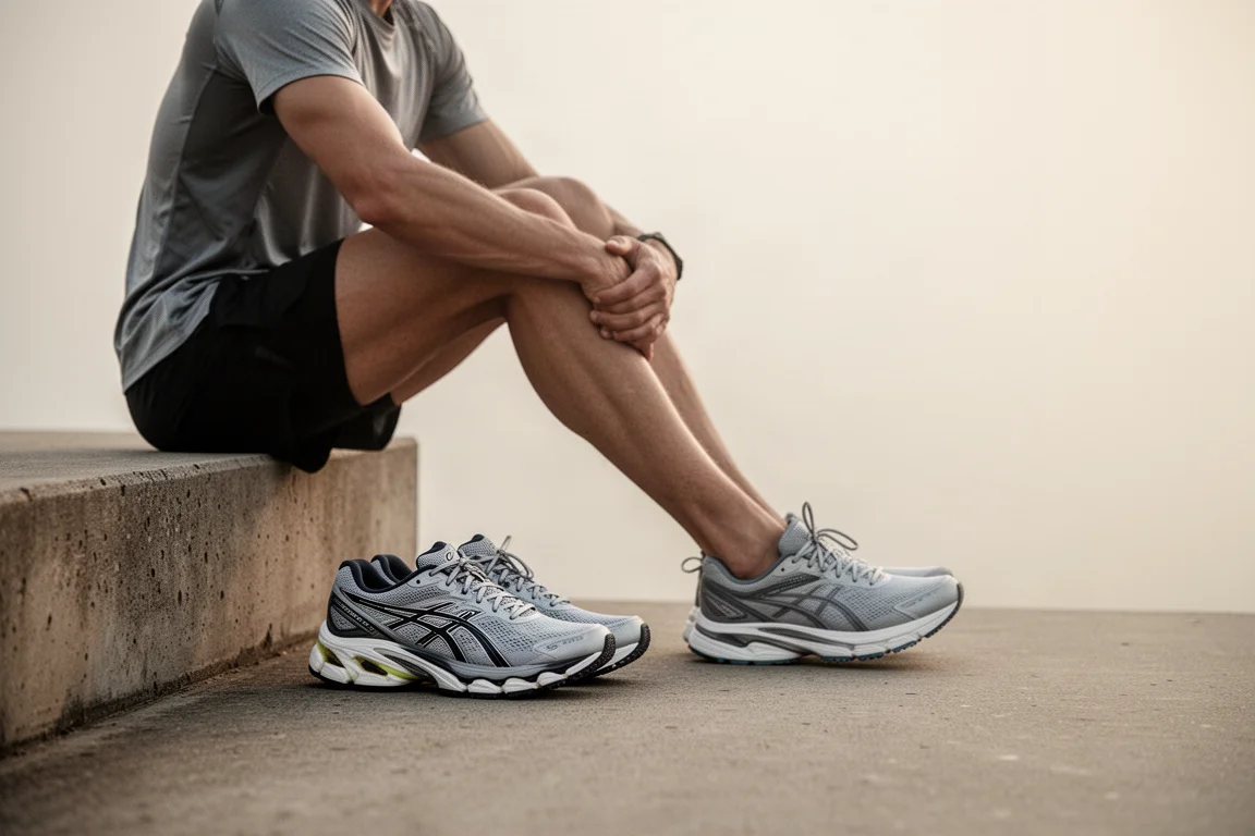 Corridore che si allunga accanto a scarpe da corsa dopo una lunga uscita