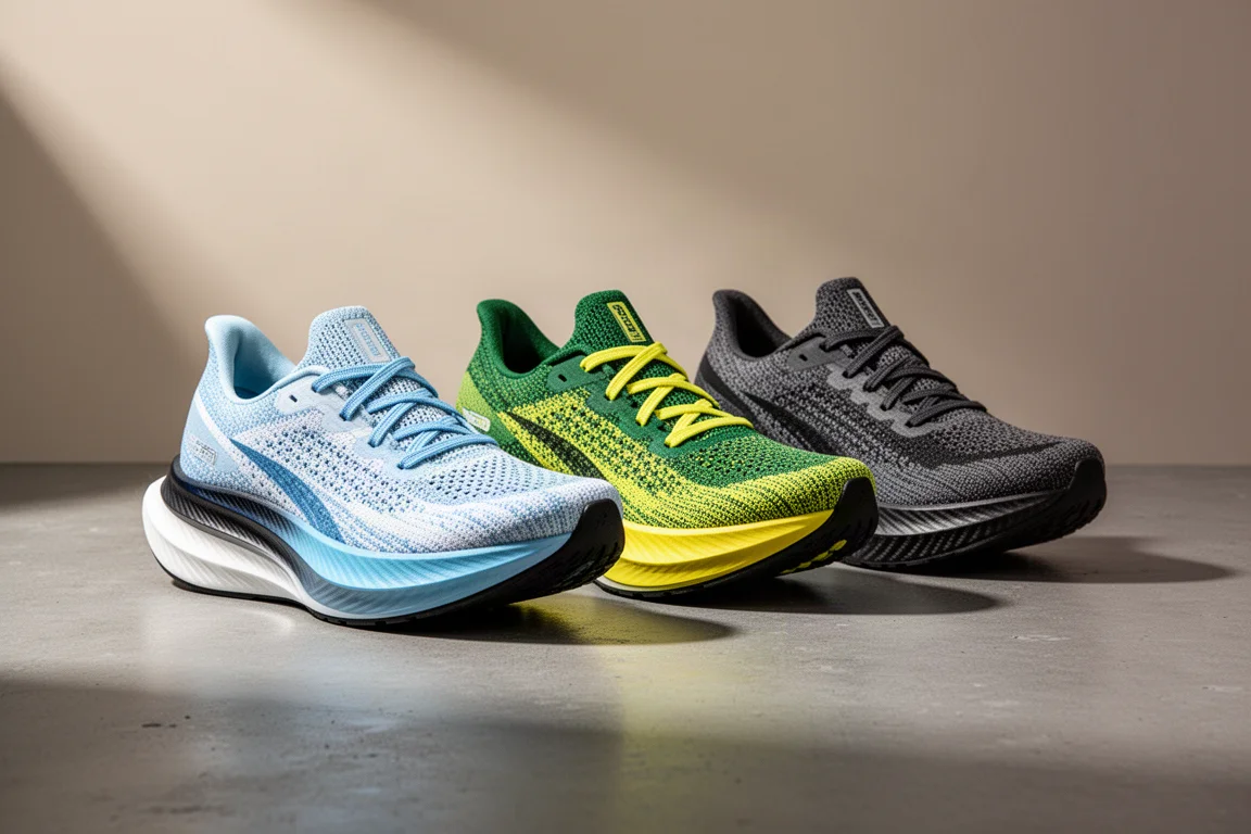 Tre scarpe da gara super con intersuola spessa disposte su una superficie di cemento
