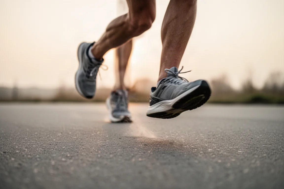 Runner's feet mid-stride on a paved road during an early morning training run