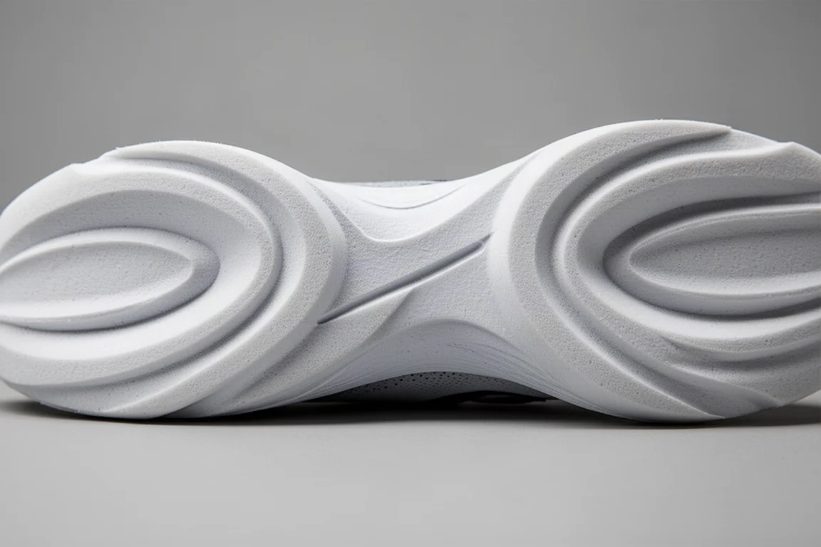 Close-up of a wide running shoe midsole with deep sculpted sidewalls