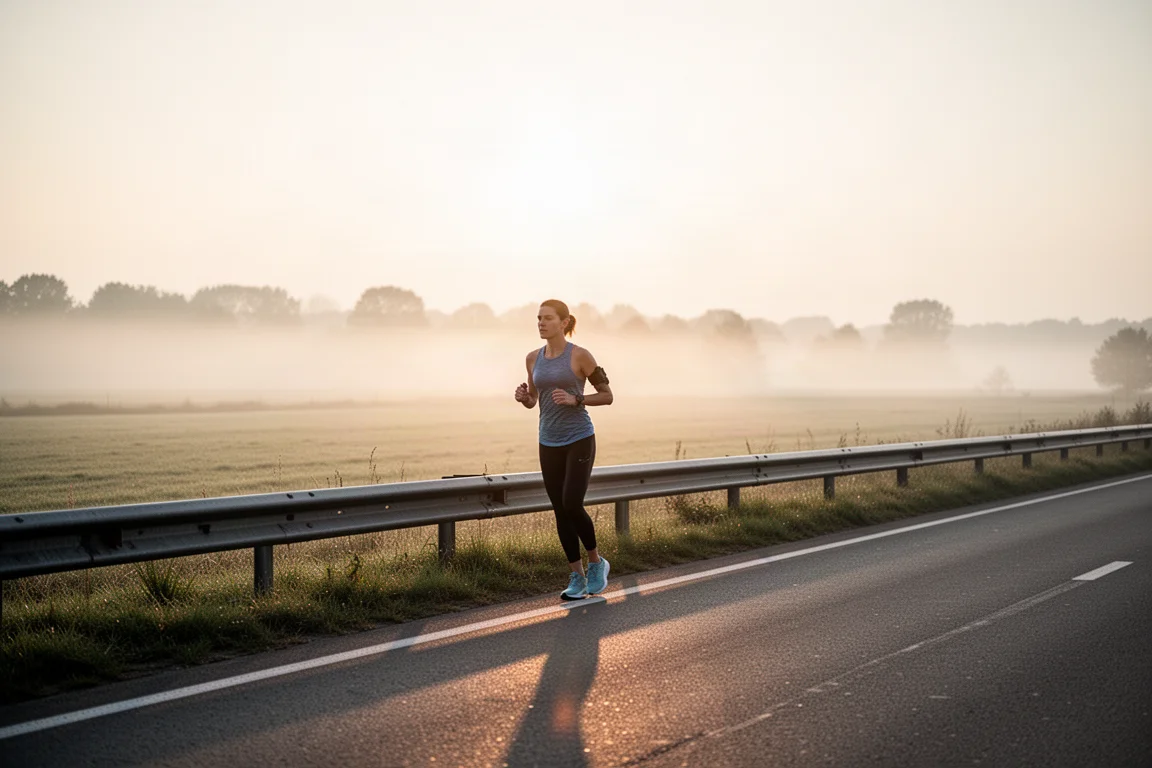 Runner stretching beside a road at sunrise before a tempo workout
