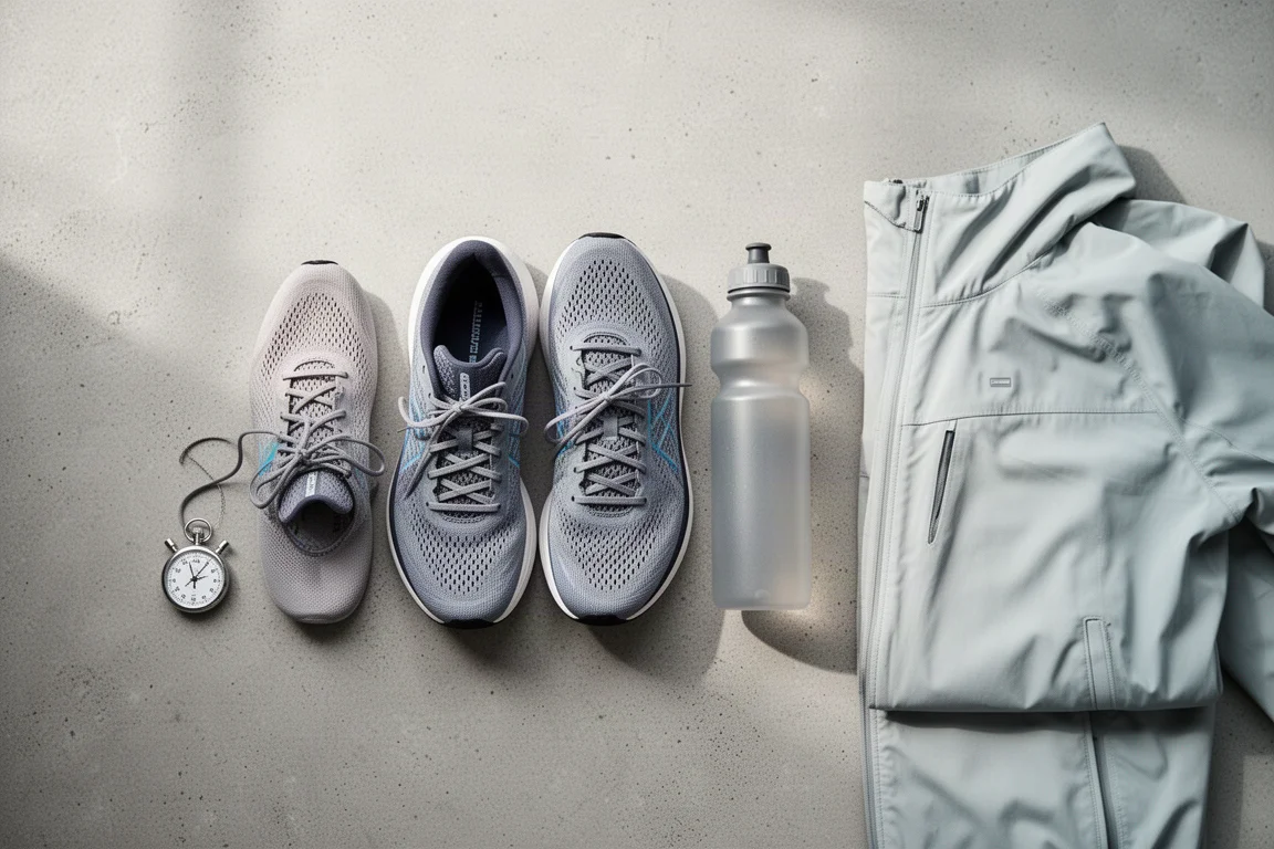 Overhead flat-lay of running gear including shoes and a hydration bottle on concrete