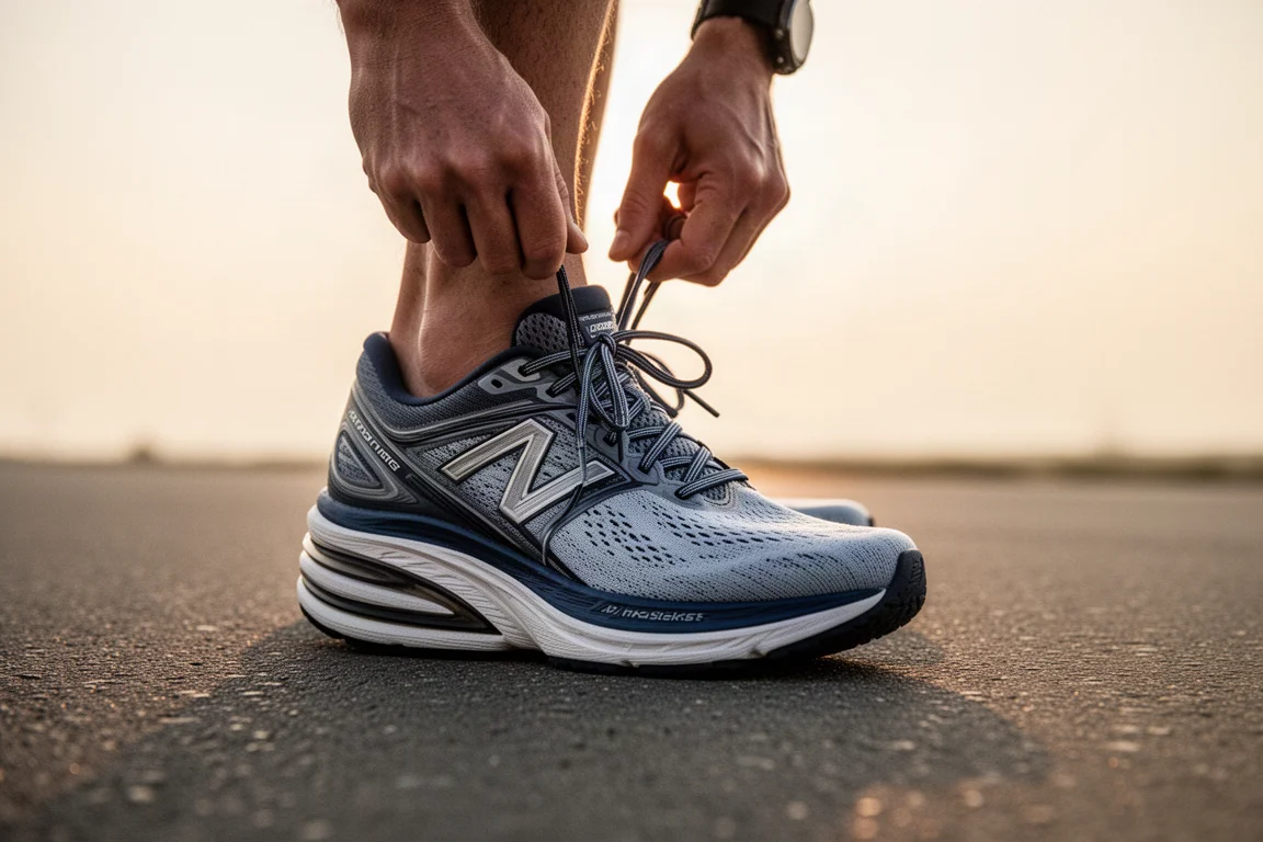 Runner tightening laces on a tall-stacked racing shoe on an asphalt road