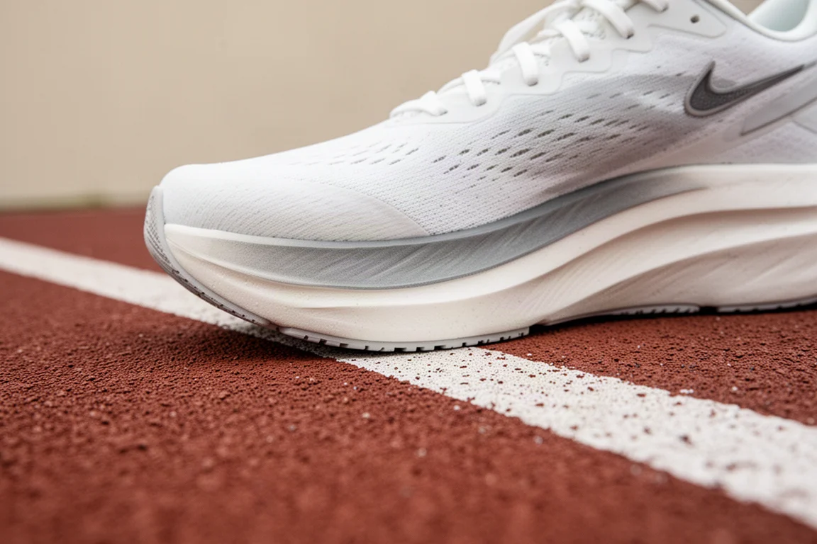 Close-up of a running shoe midsole sidewall on a track edge