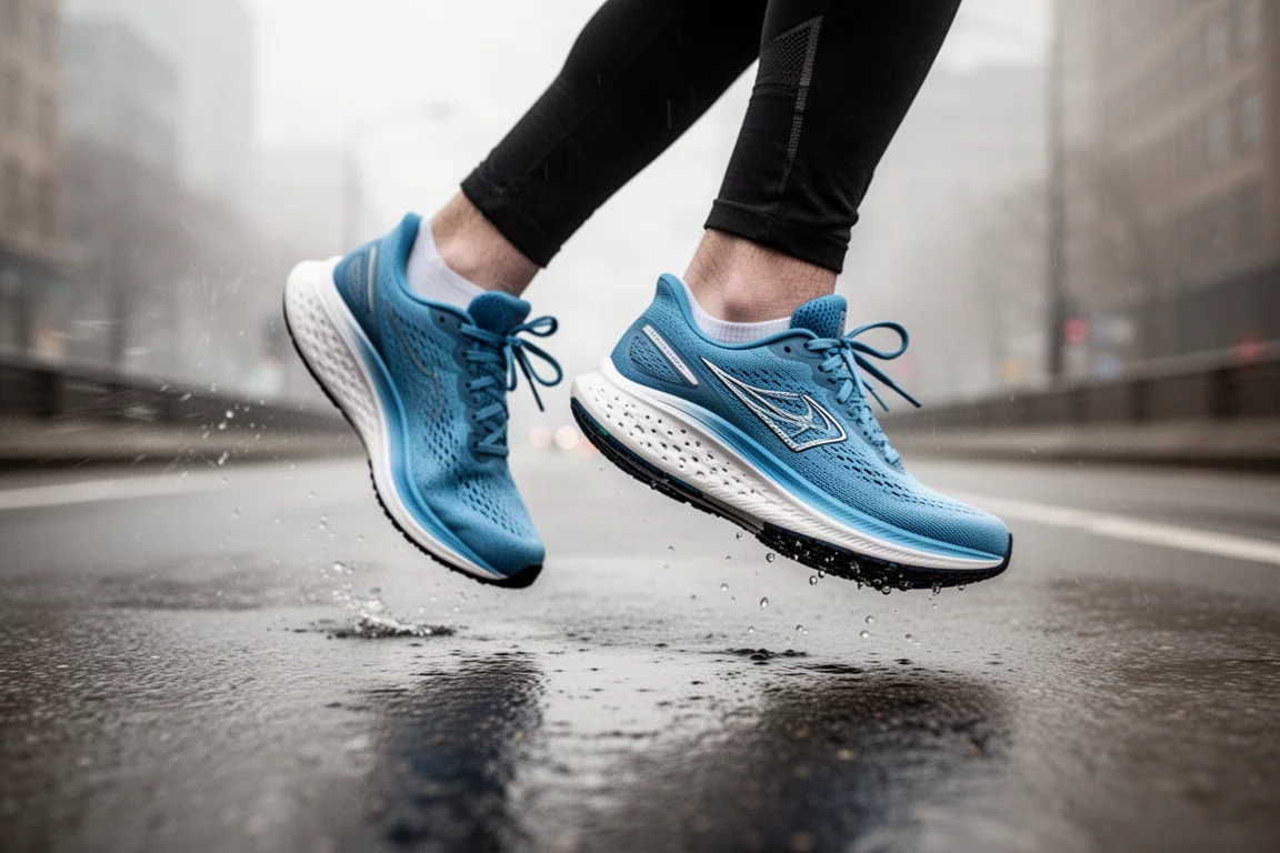 Running shoes on a wet road at tempo pace during a training session