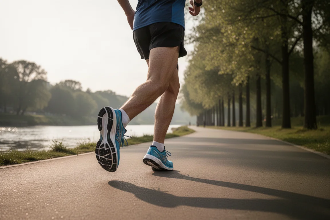 Runner cruising along a riverside path in tall cushioned racing shoes