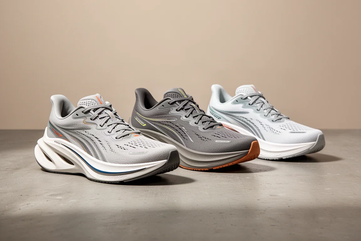 Four tall-stacked racing running shoes arranged on a concrete surface