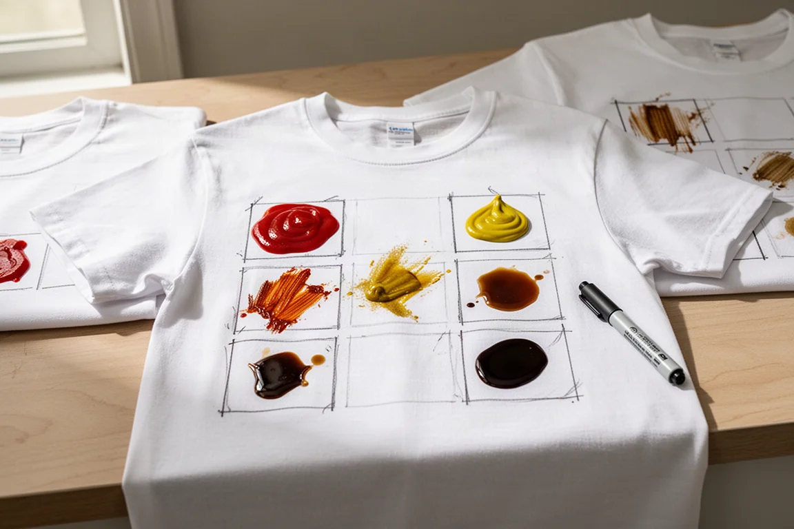 Magliette di test in cotone bianco con zone macchiate segnalate, appoggiate su un bancone
