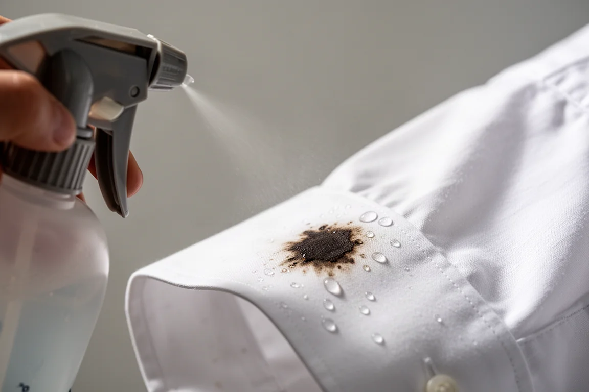 Spruzzatore che pre-tratta da vicino il polso macchiato di una camicia