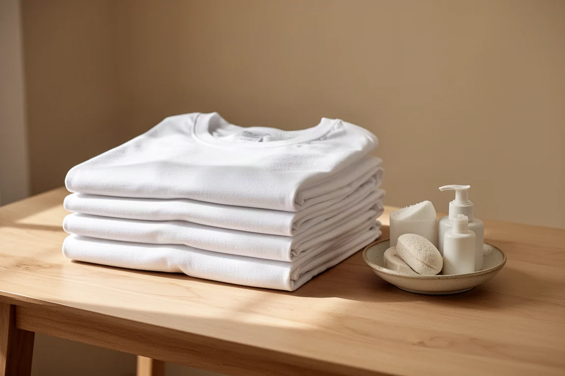 Pila di t-shirt bianche pulite appena lavate su un tavolo