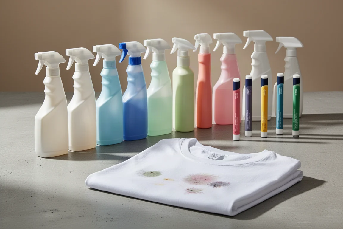 Lineup of twelve stain remover bottles beside a stained white t-shirt