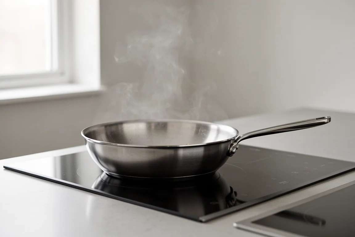 Stainless steel skillet searing food on a modern induction cooktop