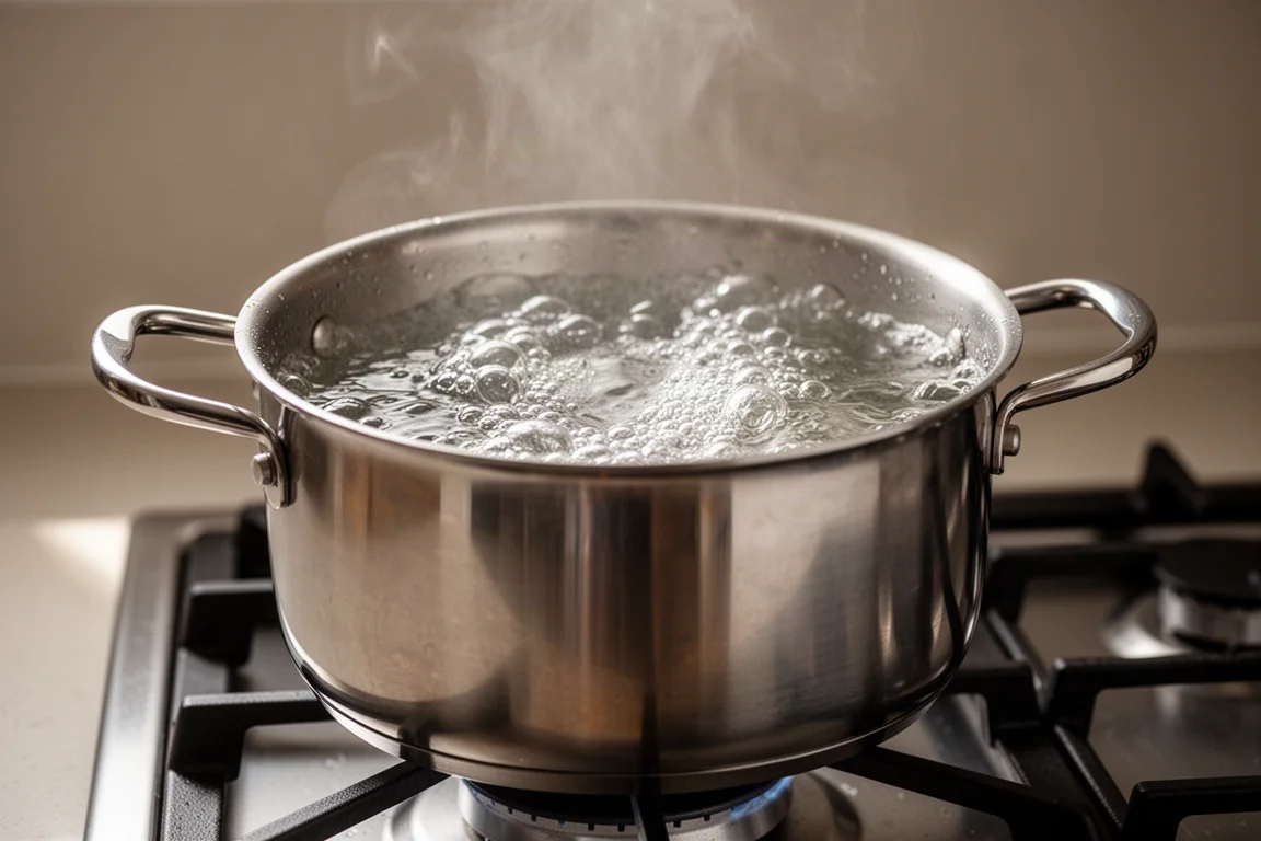 Water boiling rapidly in a stainless steel pot on a stovetop