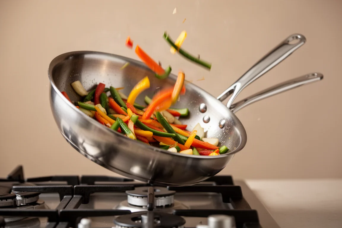 Stainless steel pan held at an angle while sauteing vegetables