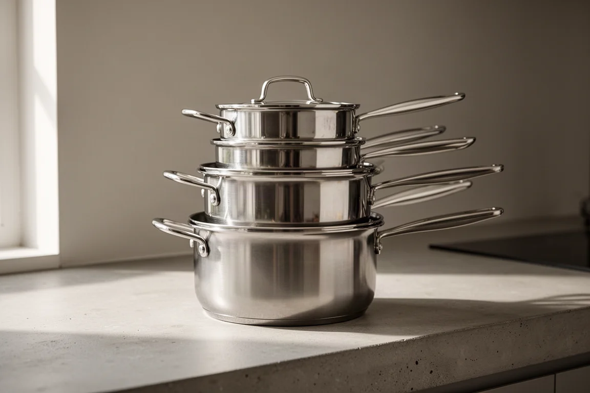 Stacked stainless steel cookware pieces on a kitchen counter