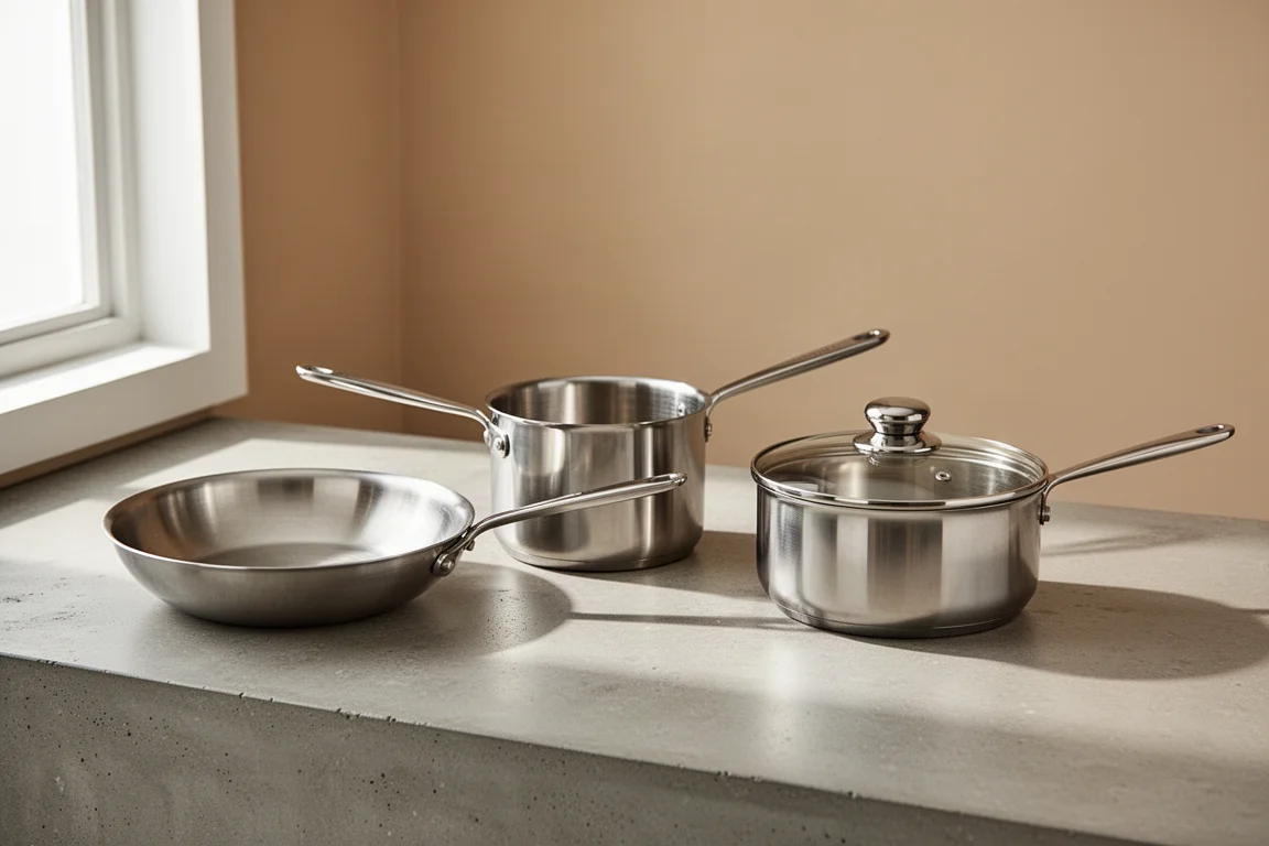 Lineup of stainless steel pots and pans on a concrete kitchen surface