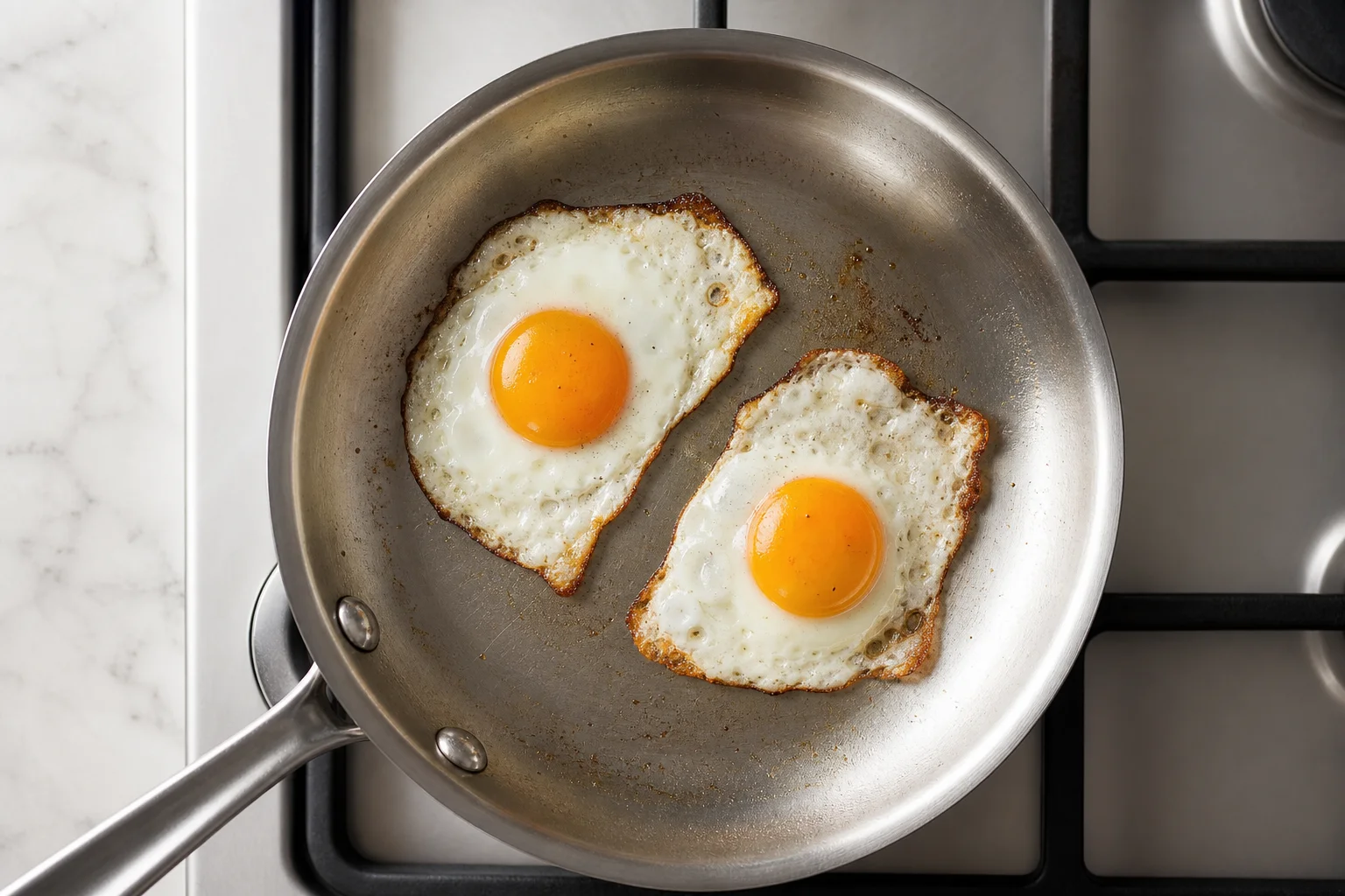 Vista cenital de huevos cocinándose en una sartén de acero inoxidable con liberación natural