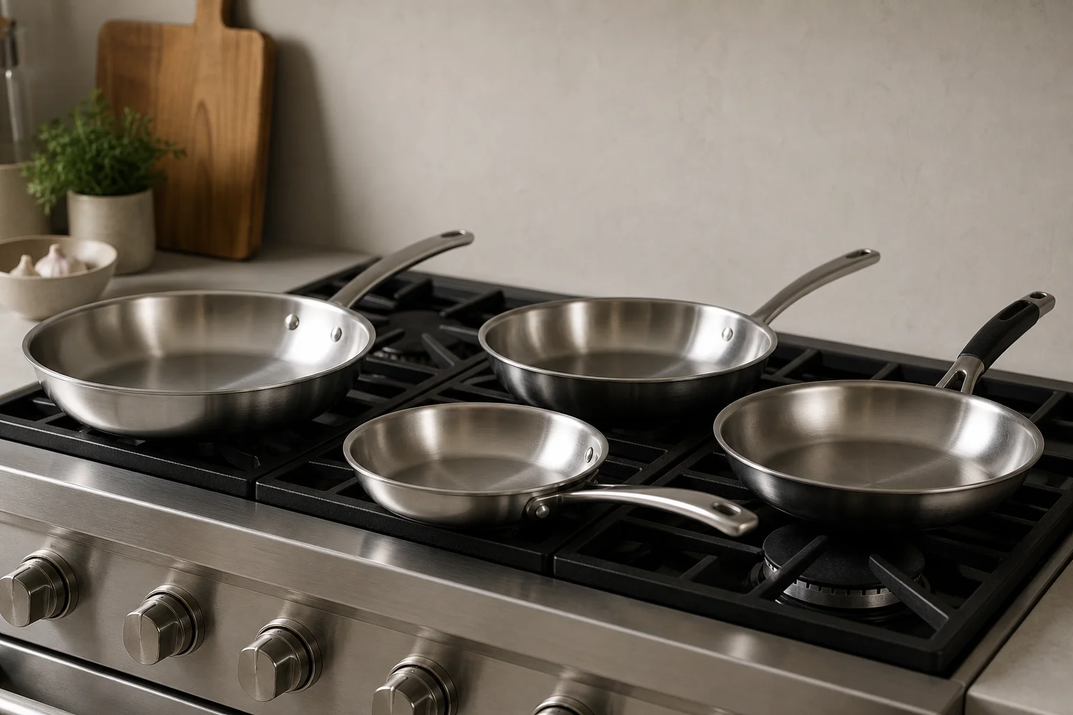 Cocina profesional con varias sartenes de acero inoxidable en fila