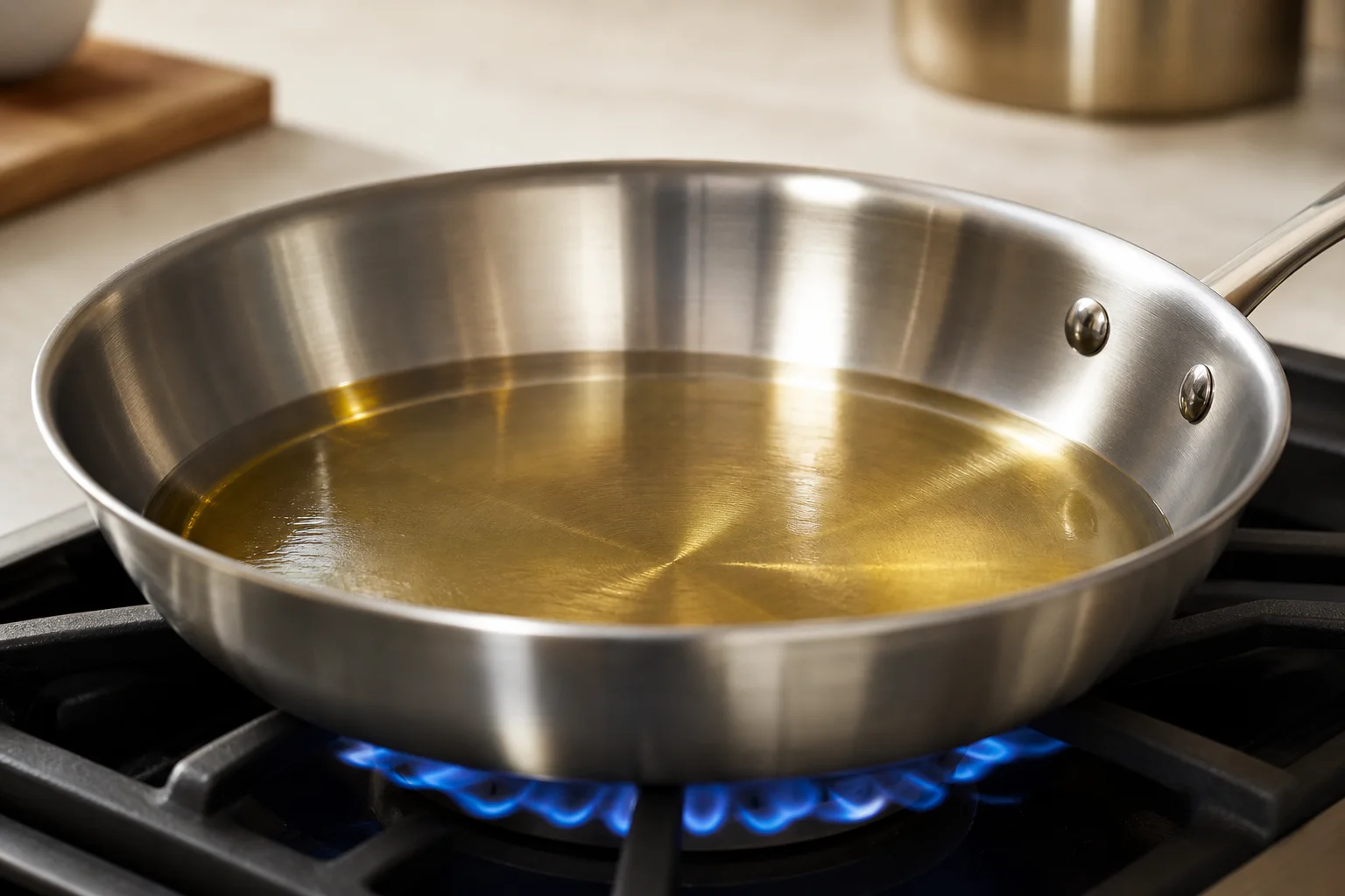 Stainless steel pan heating on stovetop with shimmering oil and blue flame