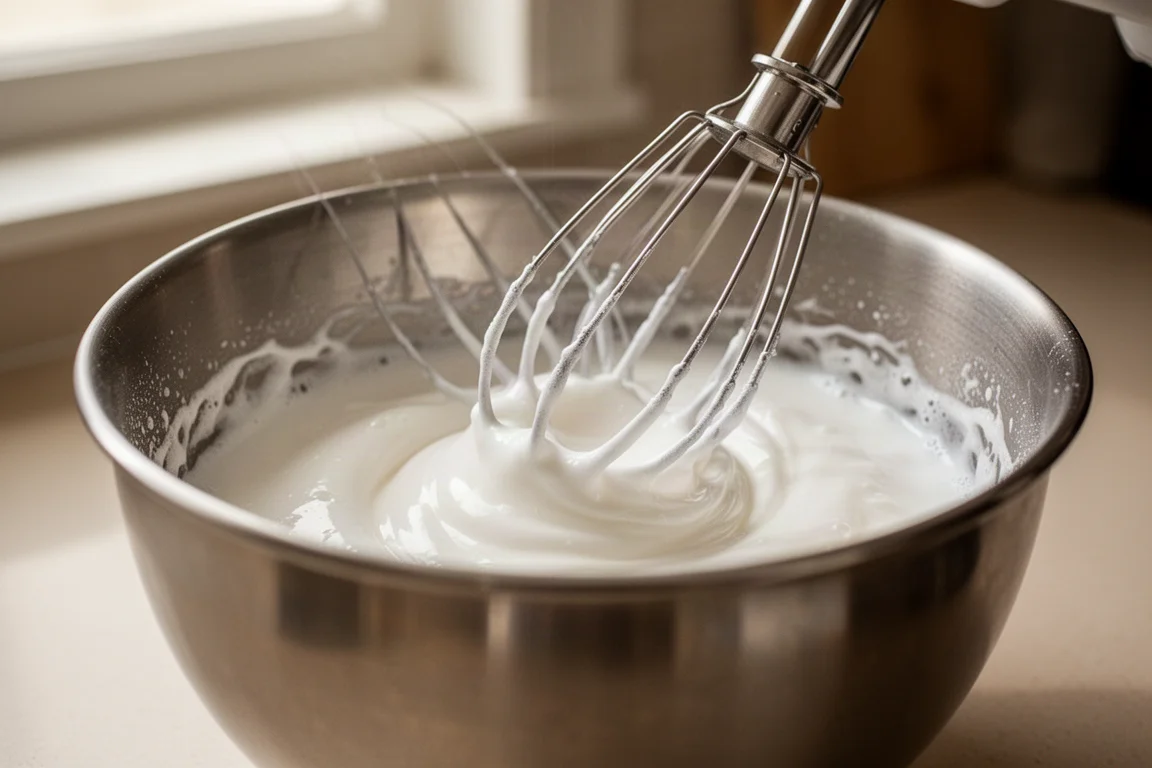 Egg whites being whipped to stiff peaks in a stand mixer bowl on a kitchen counter