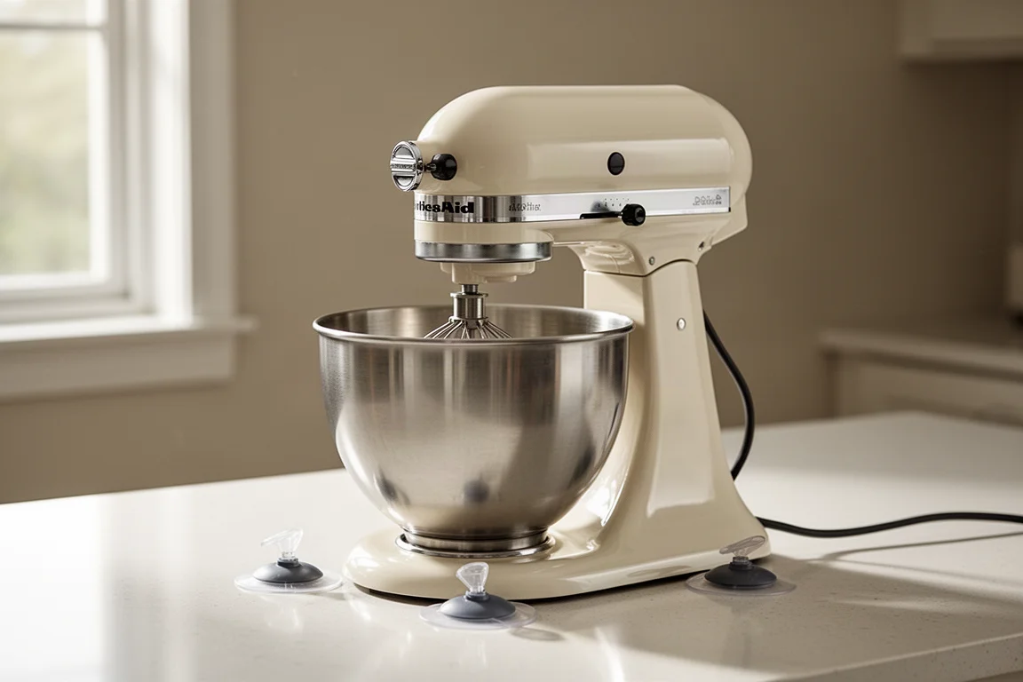 Lightweight budget stand mixer on a kitchen counter with suction-cup base