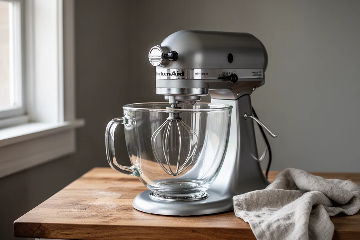 Heavy stand mixer with thick glass bowl and top pour hole on a countertop