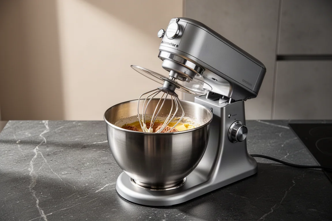 Open-design stand mixer with rotating bowl and overhead attachment arm in a kitchen