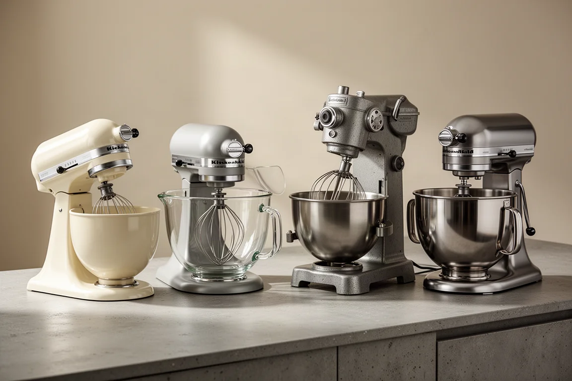 Four stand mixers of different designs lined up on a kitchen counter