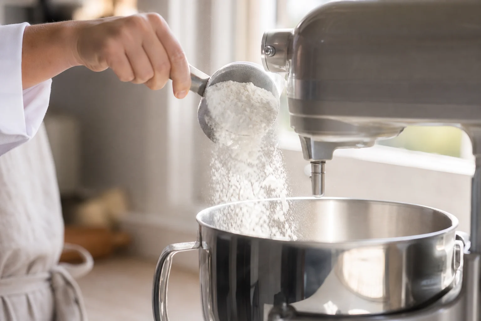 Baker pouring flour into a stand mixer bowl during bread preparation